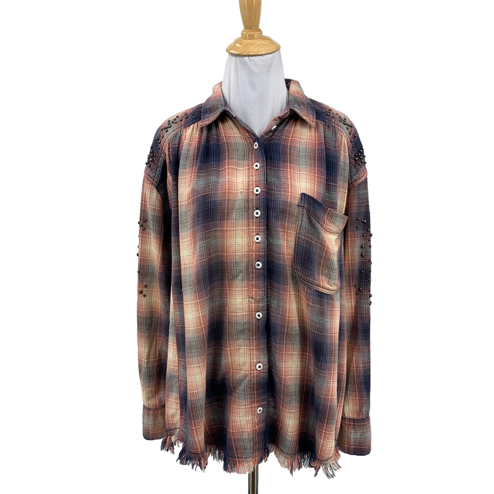 Free People Shirt Women S Small Rose Blue Take Me On Plaid Studs Sleeve Raw Hem